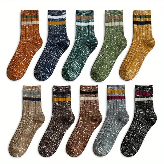 10 Pairs Of Men's Trendy Ethnic Vintage Stripe Crew Socks