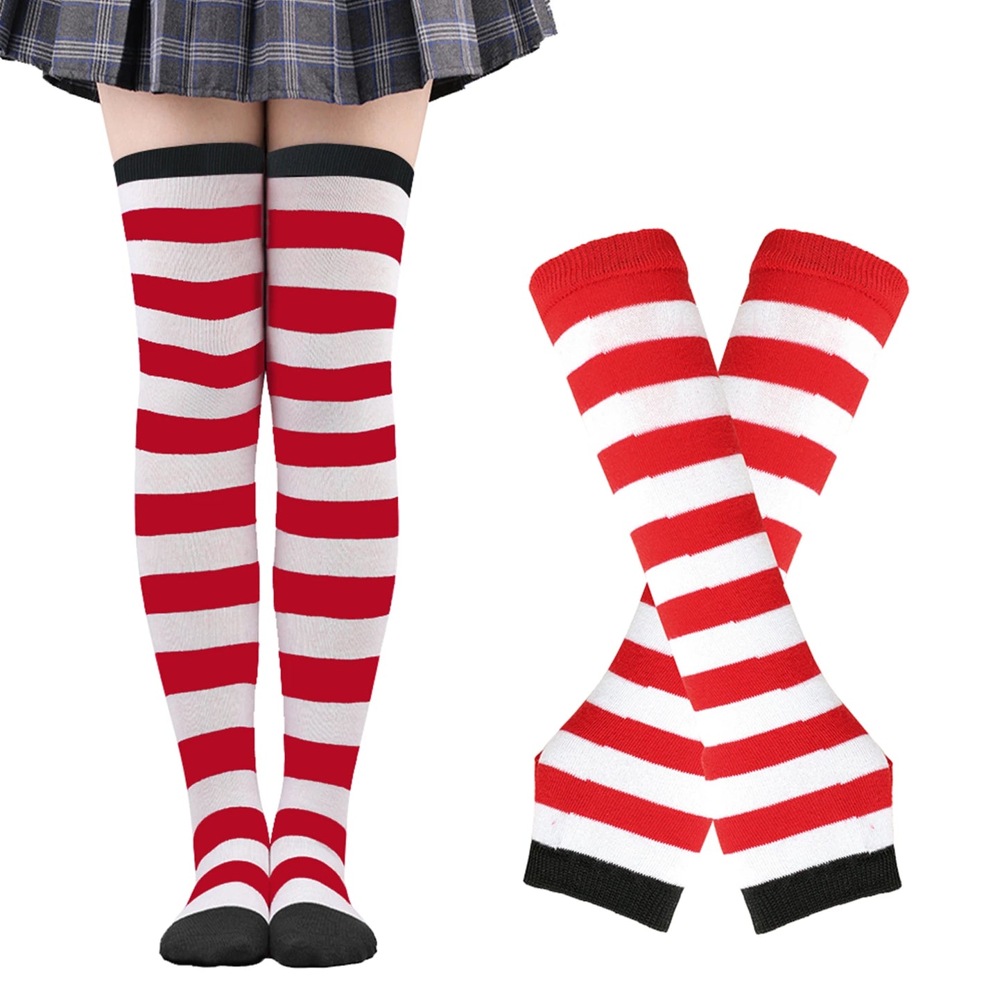 Women's Long Socks Fingerless Gloves Set Soild Color Striped Over Knee