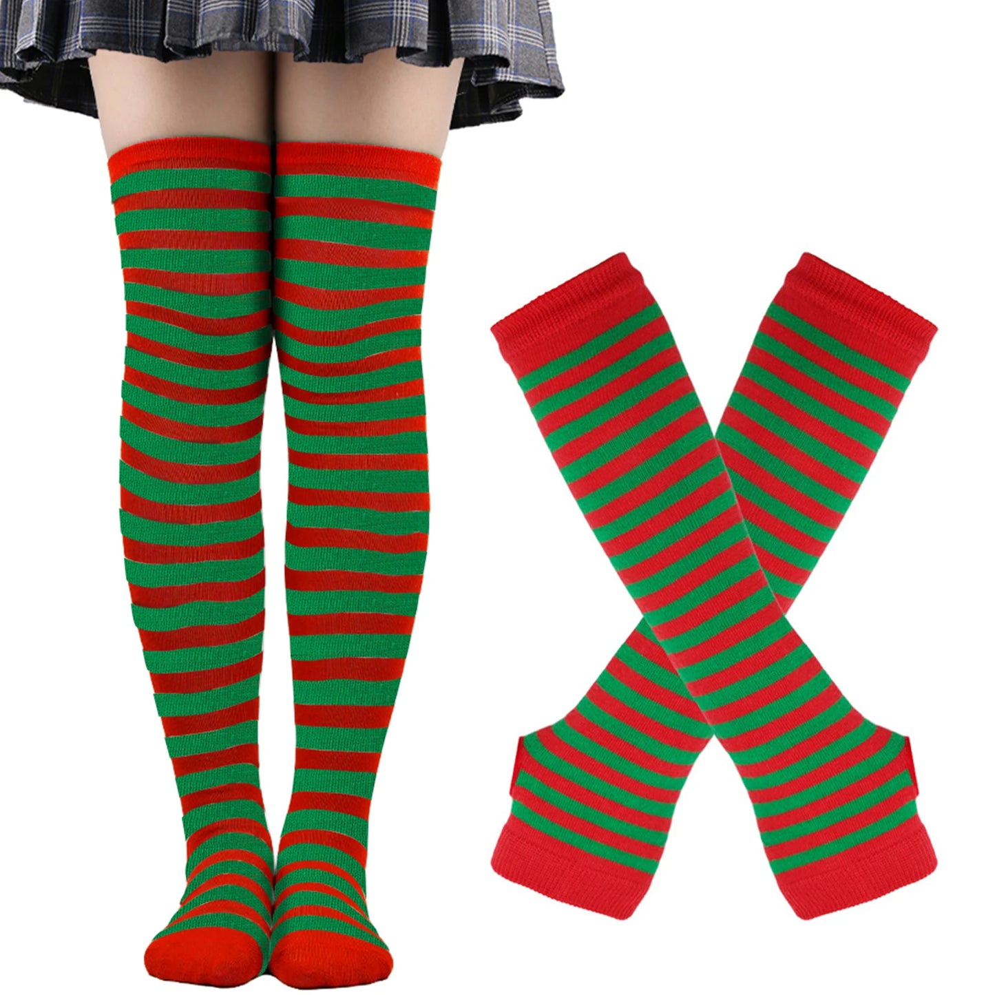 Women's Long Socks Fingerless Gloves Set Soild Color Striped Over Knee