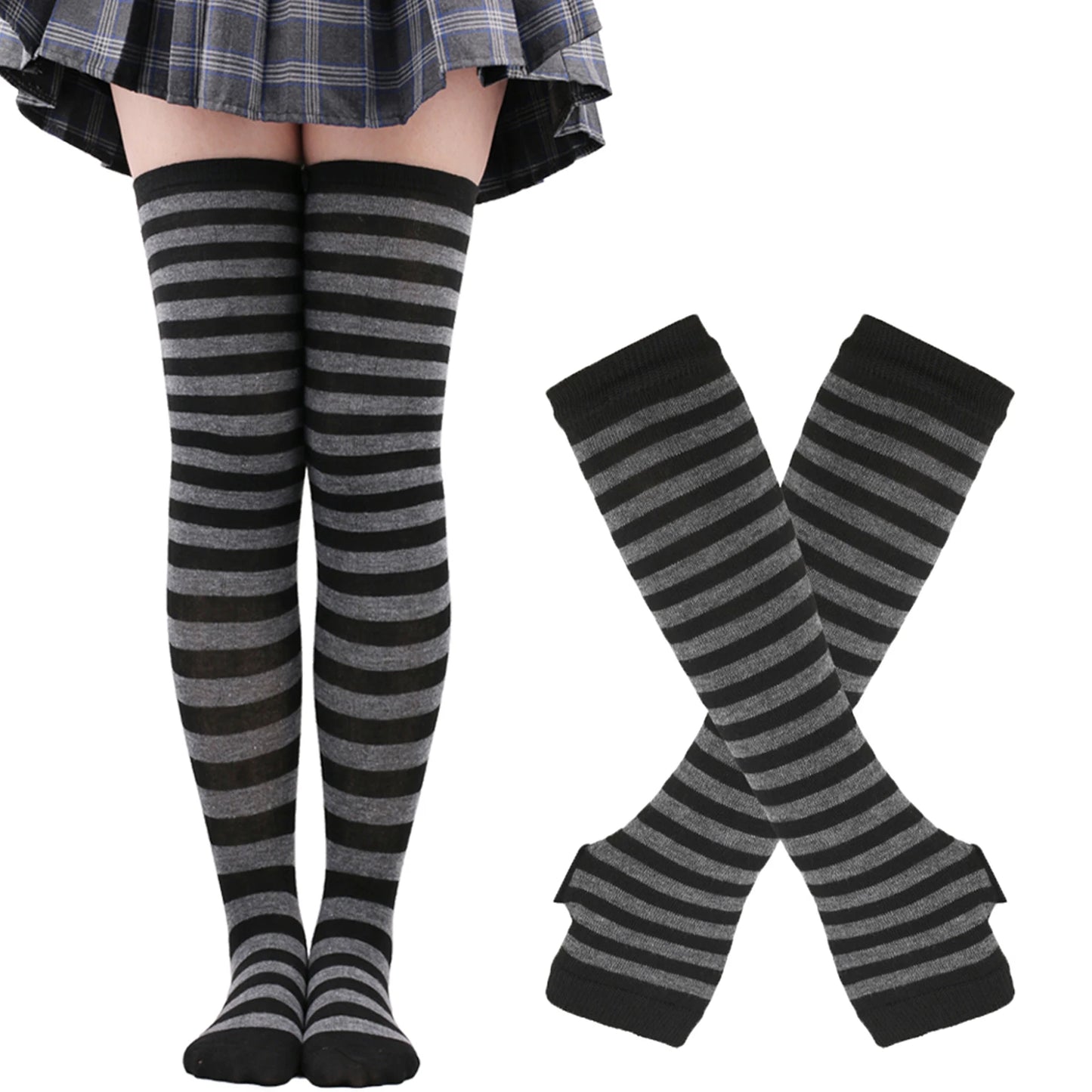 Women's Long Socks Fingerless Gloves Set Soild Color Striped Over Knee