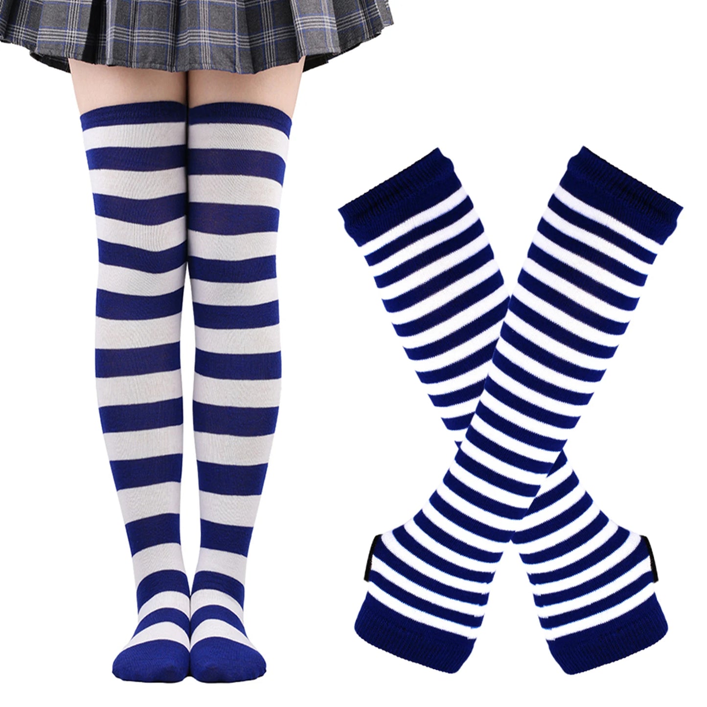 Women's Long Socks Fingerless Gloves Set Soild Color Striped Over Knee