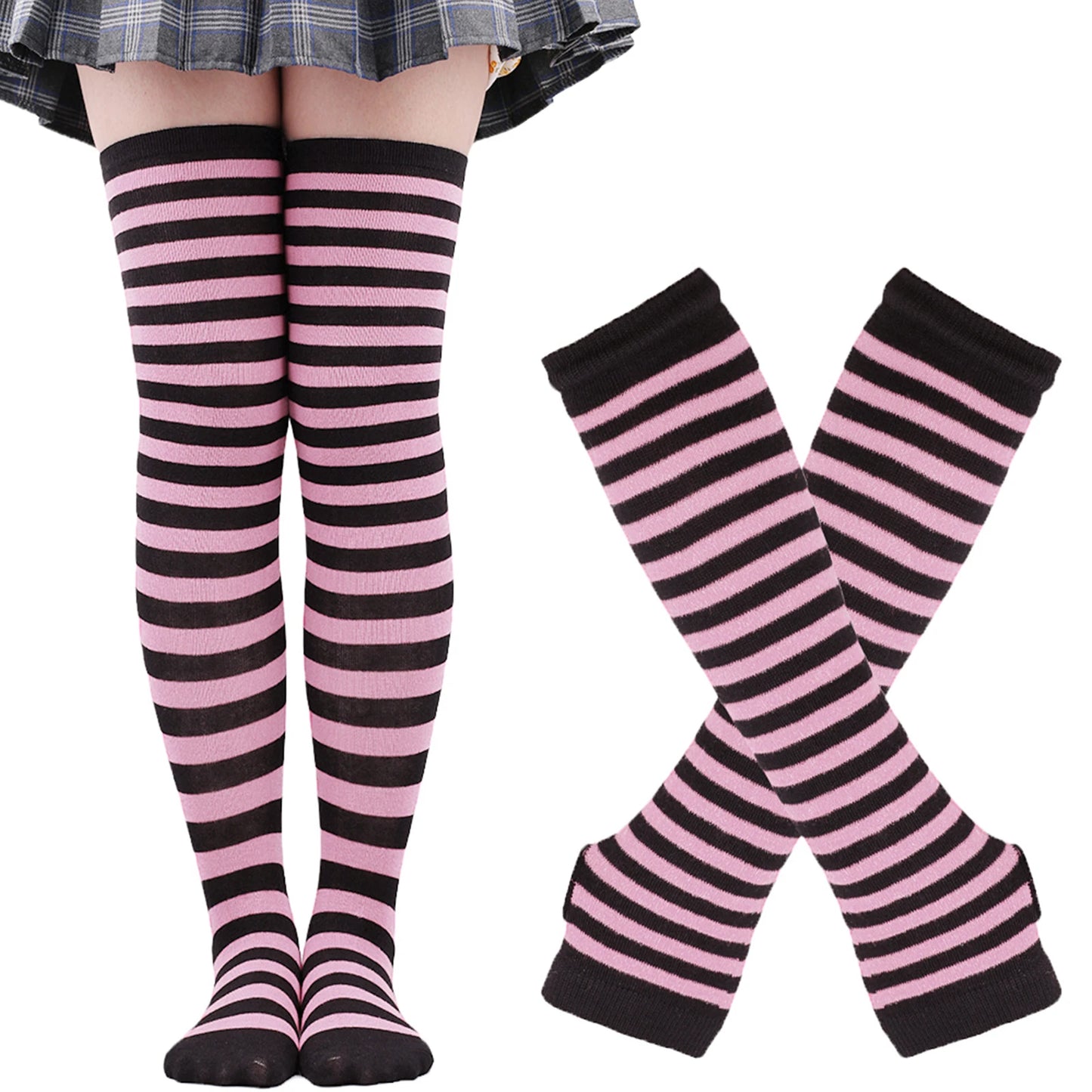 Women's Long Socks Fingerless Gloves Set Soild Color Striped Over Knee