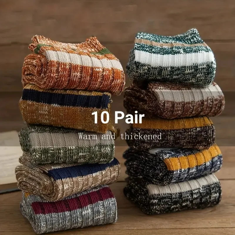 10 Pairs Of Men's Trendy Ethnic Vintage Stripe Crew Socks