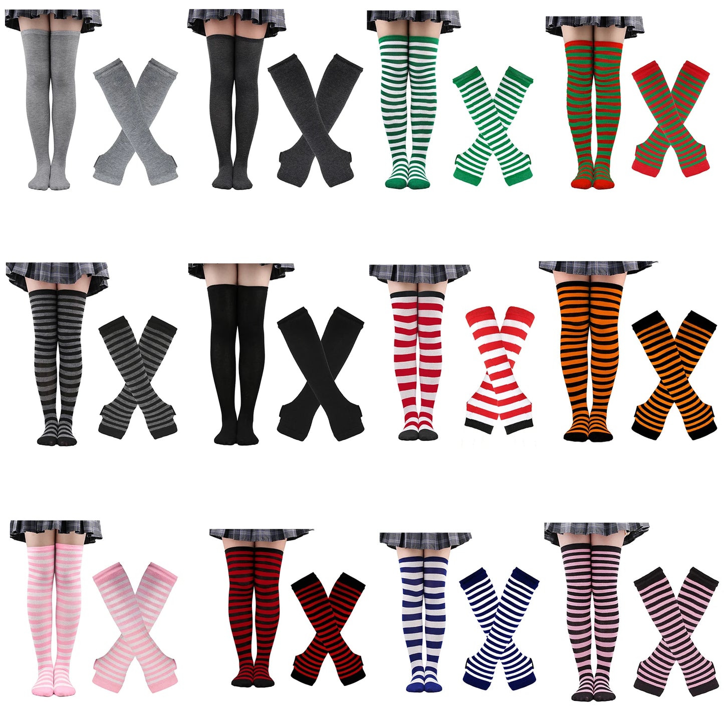 Women's Long Socks Fingerless Gloves Set Soild Color Striped Over Knee
