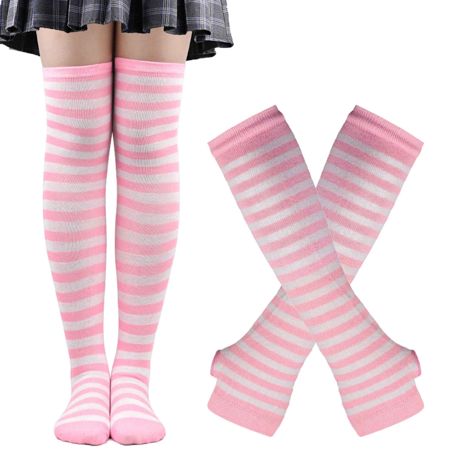 Women's Long Socks Fingerless Gloves Set Soild Color Striped Over Knee
