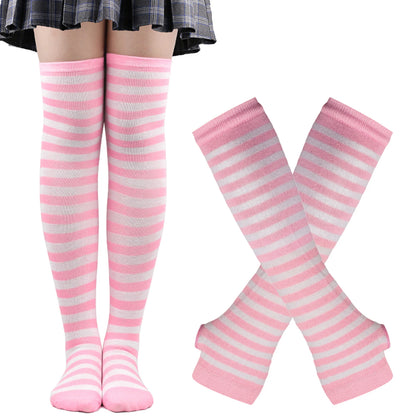 Women's Long Socks Fingerless Gloves Set Soild Color Striped Over Knee